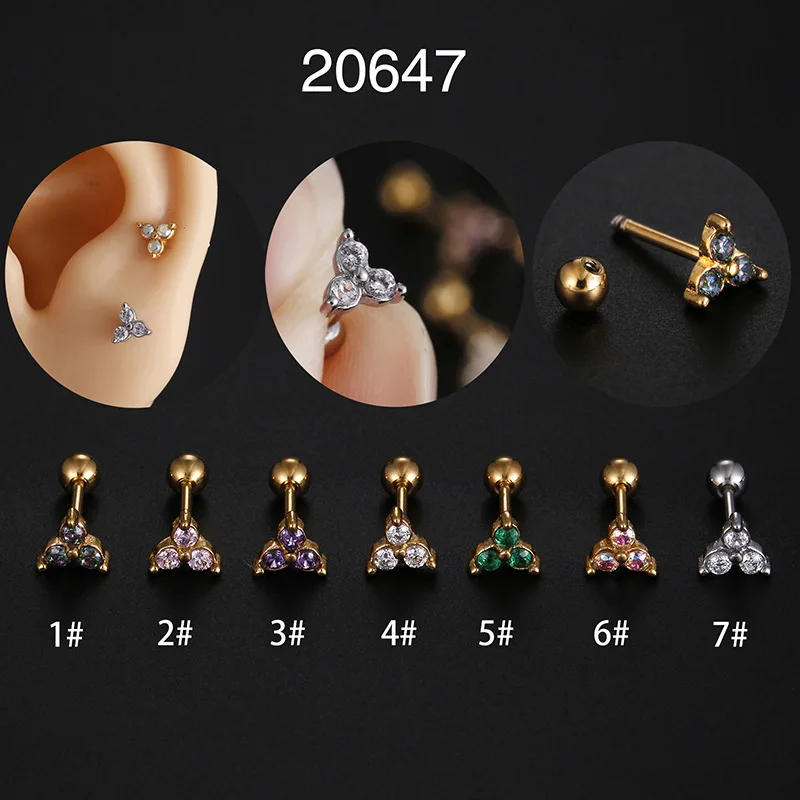 1pcs Surgical Steel Zircon Gem Small Flower Triangle Ear Tragus Cartilage Helix Ear Stud Earring Lobe Body Piercing Jewelry