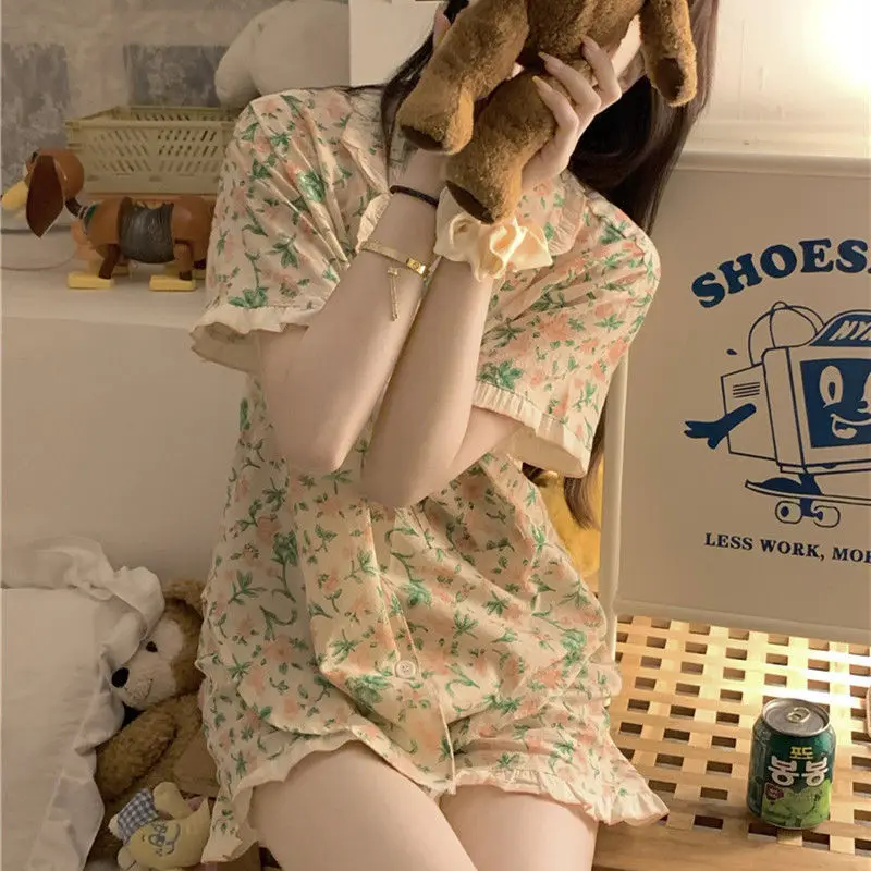 

Pajama Sets for Women Floral Sweet Students V-neck Soft Sleepwear Night Lounge Casual Baggy Fashion Ulzzang Style Daily Hot Sale