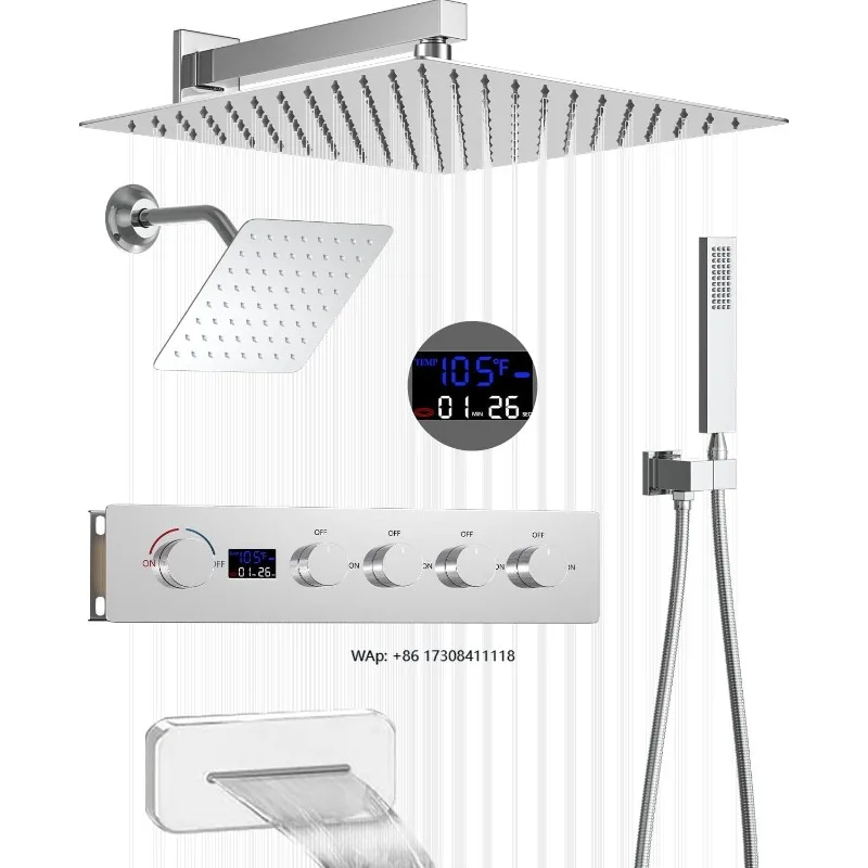 

Bathroom Chrome Shower System Deluxe Rainfall Shower Faucet Set Temperature Display Rainfall Shower Suite