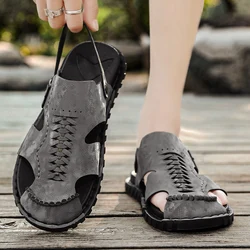 Men cowhide Leather Sandals Breathable Sports Outdoor Beach Shoes Anti Slip Mens Slide Leather Sandals