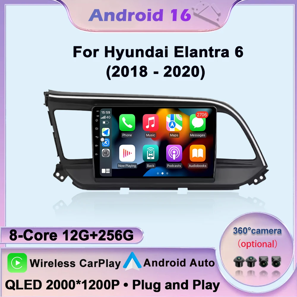 Android 16 Carplay Auto Car Radio For Hyundai Elantra 6 2018-2020 Navigation GPS Lntelligent Multimedia Player WIFI Bluetooth BT