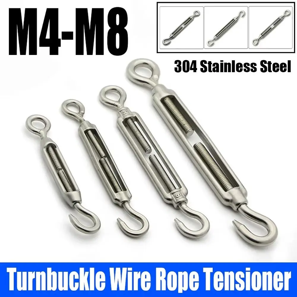 1Pcs Hooks & Eye Turnbuckle Wire Rope Tensioner 304 Stainless Steel M4/M5/M6/M8 Tension Device Line Adjustable Cable Tension Set