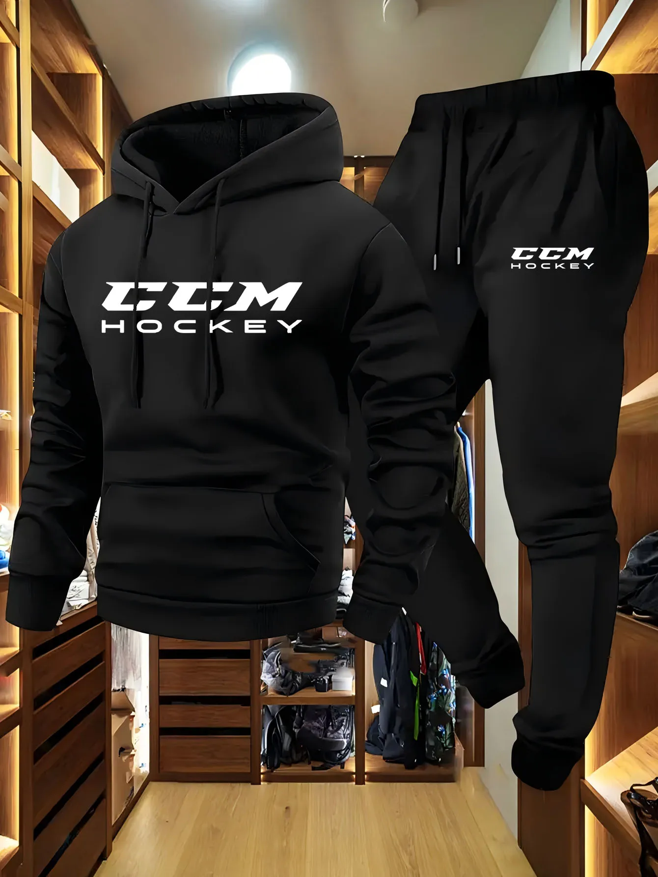 

Men's casual two-piece set, fashionable hoodie and geometric-patterned sweatpants - perfect for outdoor activities