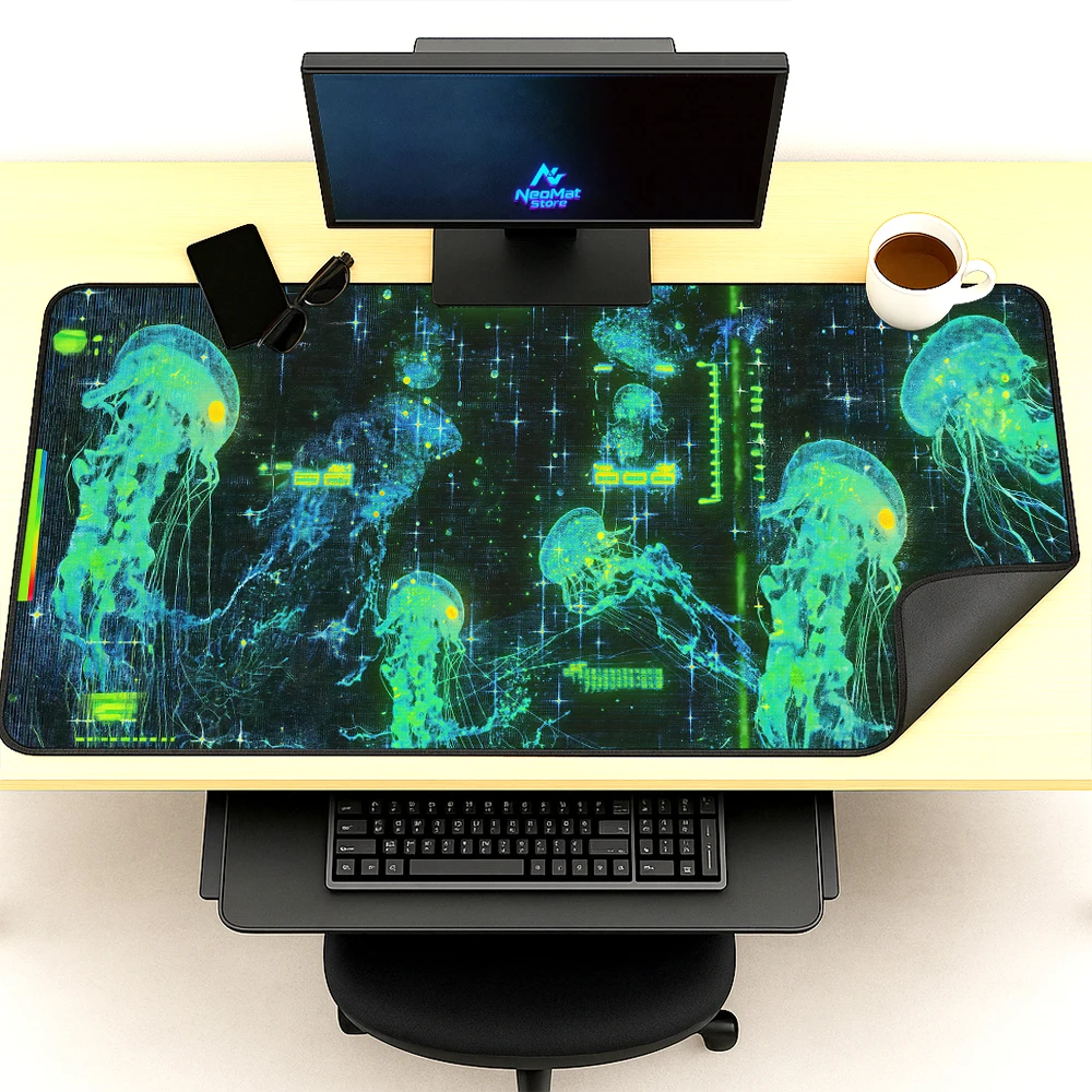 Neon Cyber Mouse Pad Large Gamer Mat 120x60 Futuristic Very Thick Jellyfish Mousepad Aesthetic Office Desk Accessories