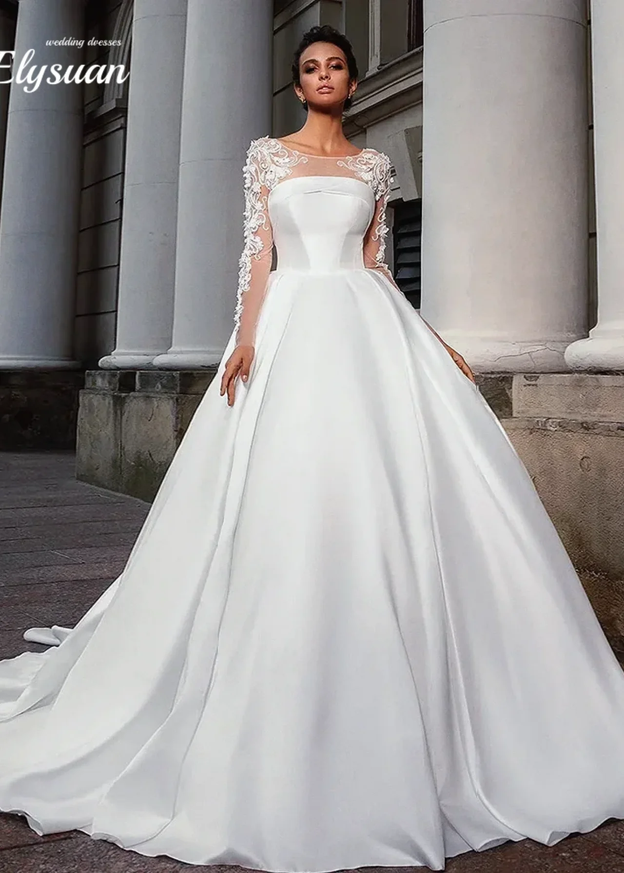 Maßgeschneiderte Vintage Flauschige Brautkleider für die Braut O-Ausschnitt mit langen Ärmeln Spitze Applikationen Tüll bodenlangen Brautkleid Vestidos De