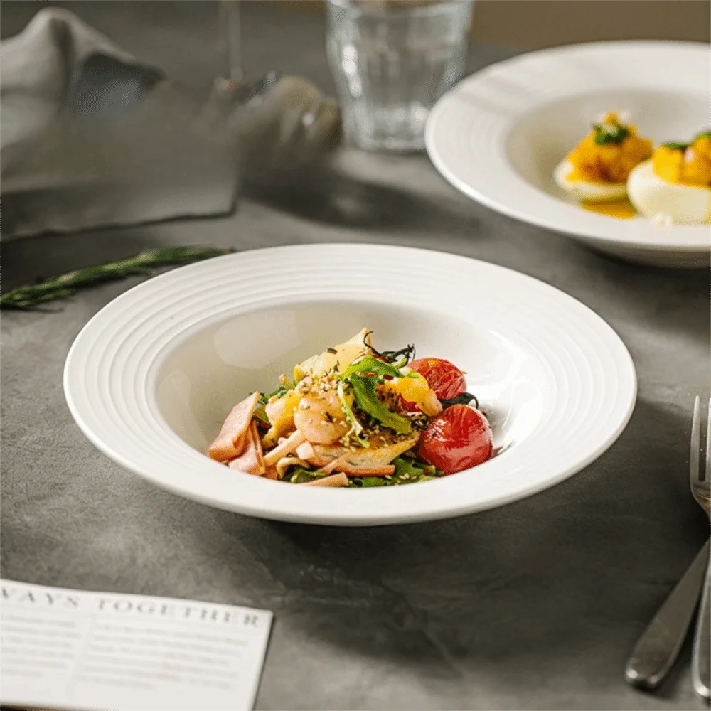2PCS Japanese-Style Ceramic Straw Hat Plate Under-glaze Painting Threaded Pattern Dessert Dish Round White Serving Dish