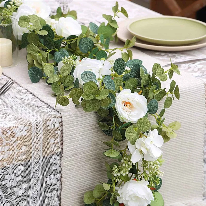 ABAE-2X Eucalyptus Garland And Flower Hanging Artificial Eucalyptus Leaf Greenery For Wedding Backdrop Arch
