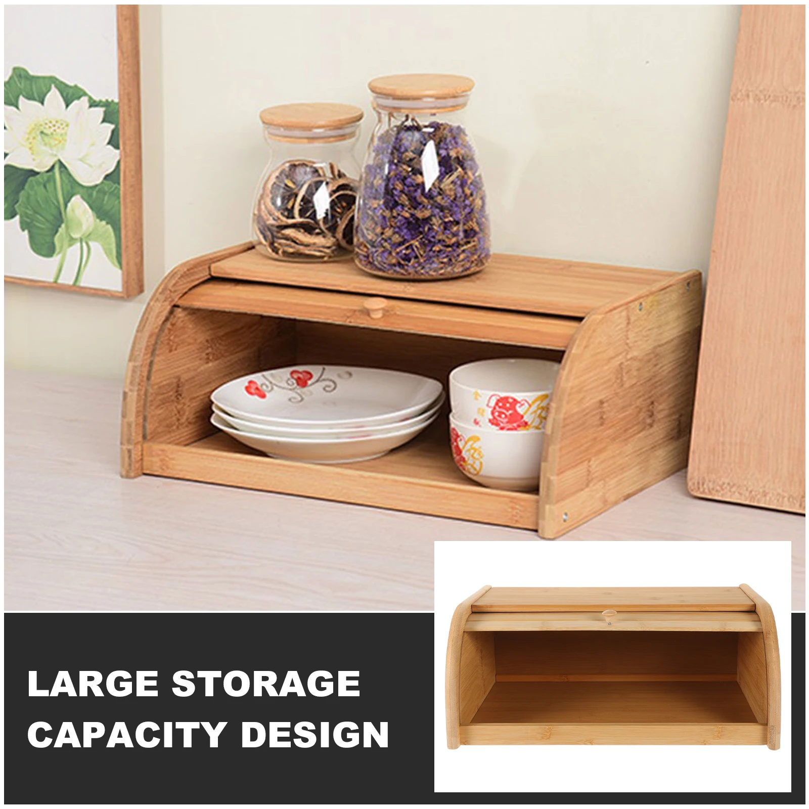 

1pc Bamboo Bread Box Large Capacity Kitchen Food Container Wooden Storage Bin Organizer Ideal for Home Bakery Use