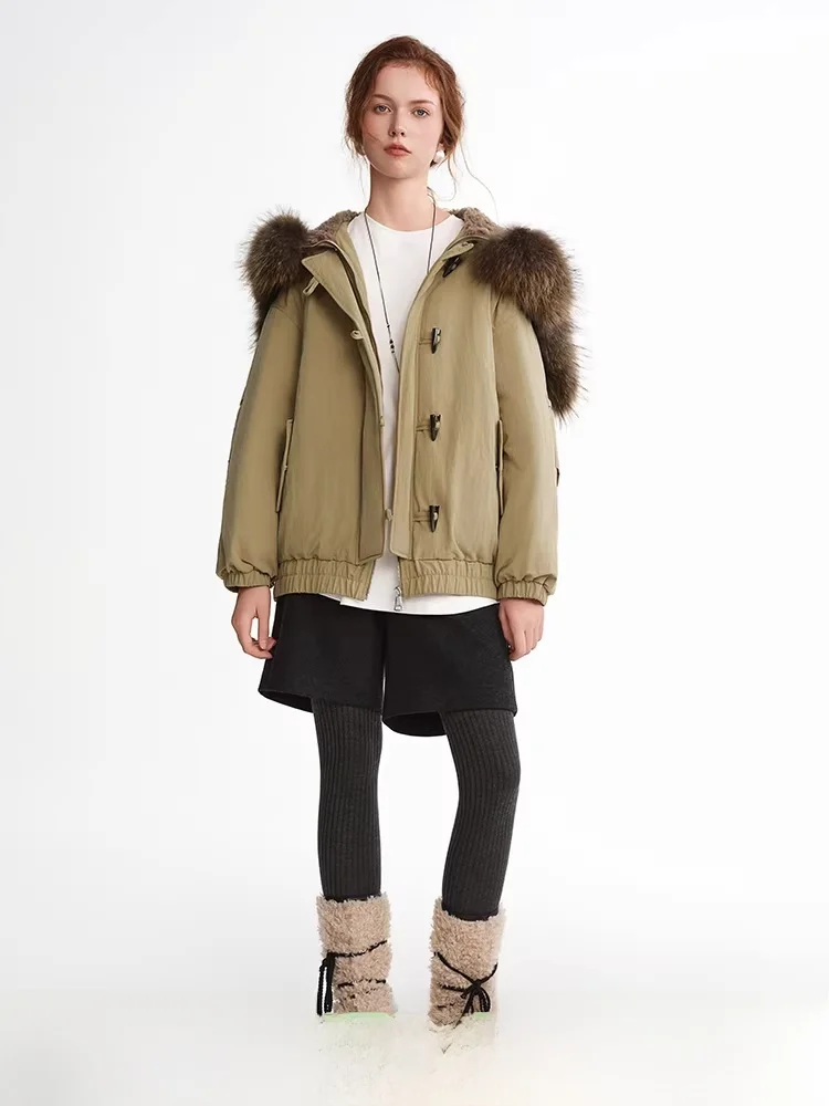 

Warm Winter Parka Coat with Fur Collar Large Size Women's Casual Sle down Jaet Coat with Button Detail ort Length