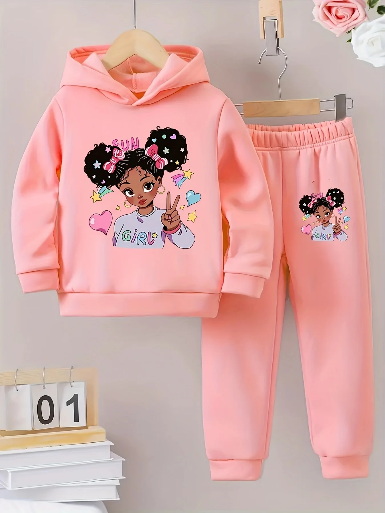 Winter Spring Baby Girls Hoodies Clothes Set Kid Cartoon Girls Printed Hooded Pullover Top and Pants 2 Piece Children Tracksuits