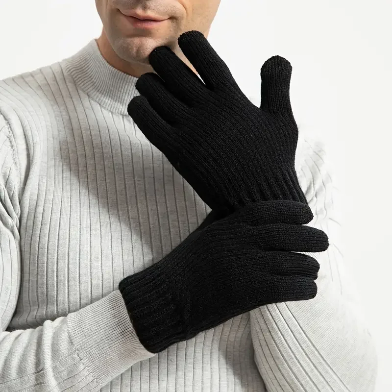 1 Paar Herren Schwarz Winter Doppelschicht Plus Samt Verdickte Strickhandschuhe, Outdoor Touchscreen Warme Vollfingerhandschuhe