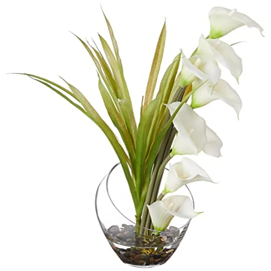 

15.5in Cream Artificial Calla Lily and Grass Arrangement in Vase with Lifelike Texture and Long-Lasting Elegance