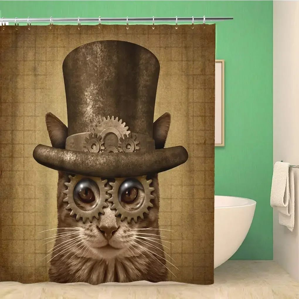 Steampunk Cat Gothic Art Bathroom Shower Curtains Vintage Dictionary Illustration Design Bath Curtain Set with Hooks, Waterproof