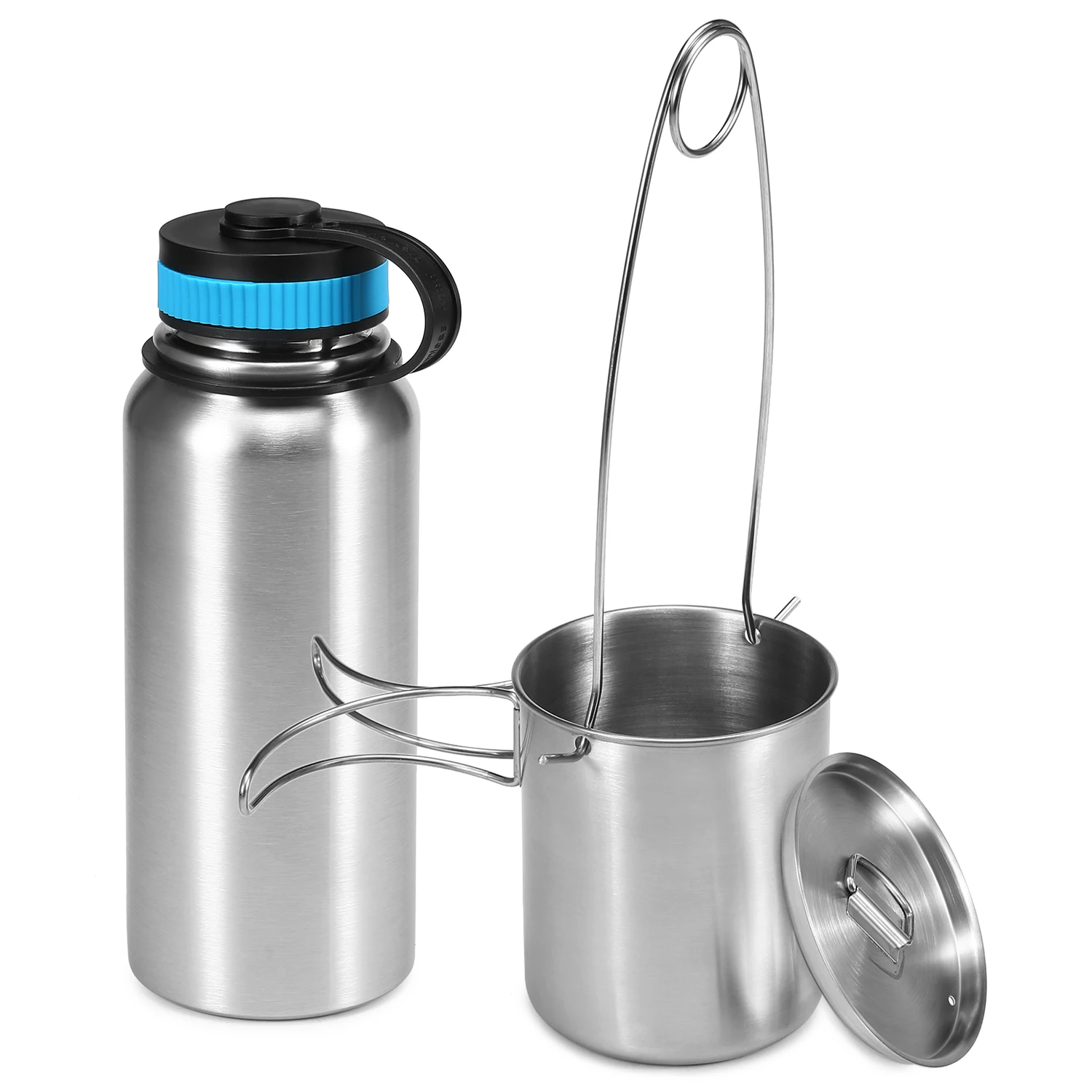 1000ml Stainless Steel Vacuum Insulated Water Bottle with 700ml Water Cup Hanging Pot for Outdoor Camping Hiking Backpacking