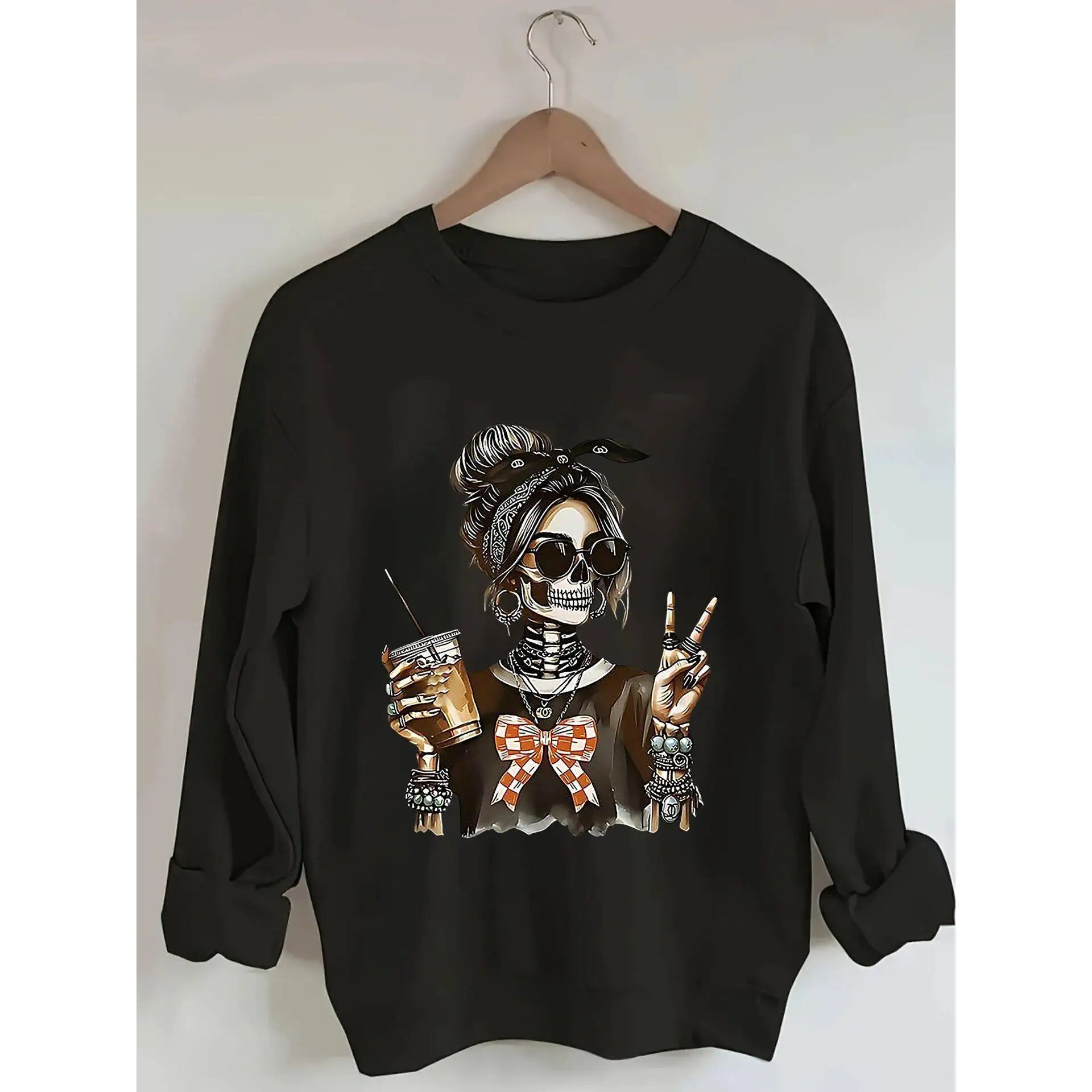 

Halloween Crew Neck Long Sleeve Women's Hoodie Comfortable Loose Fit Polyester Sweatshirt Printed Design Casual Wear