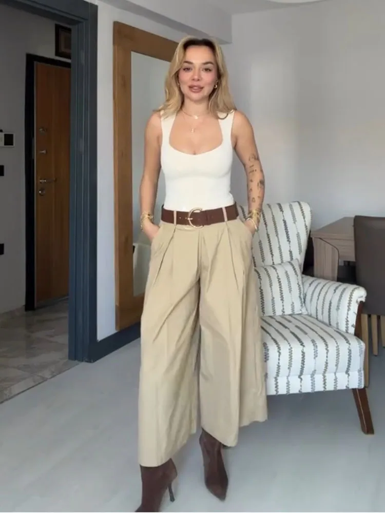 HH Women Spring Fashion Pleated Belt Decoration Wide Leg Pants Female Casual Loose Side Zipper Solid Street Style Pants Mujer