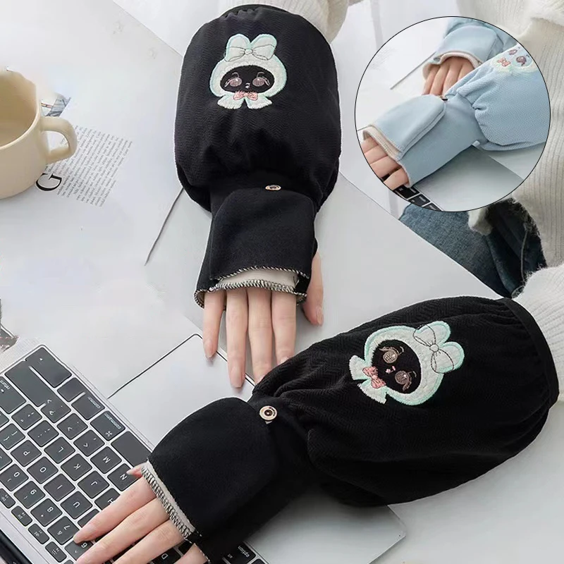 Mangas bordadas de invierno 2 en 1 para mujer, fundas antisuciedad para puños con guantes abatibles para el trabajo, fundas para oficina, abrigo, funda para puños