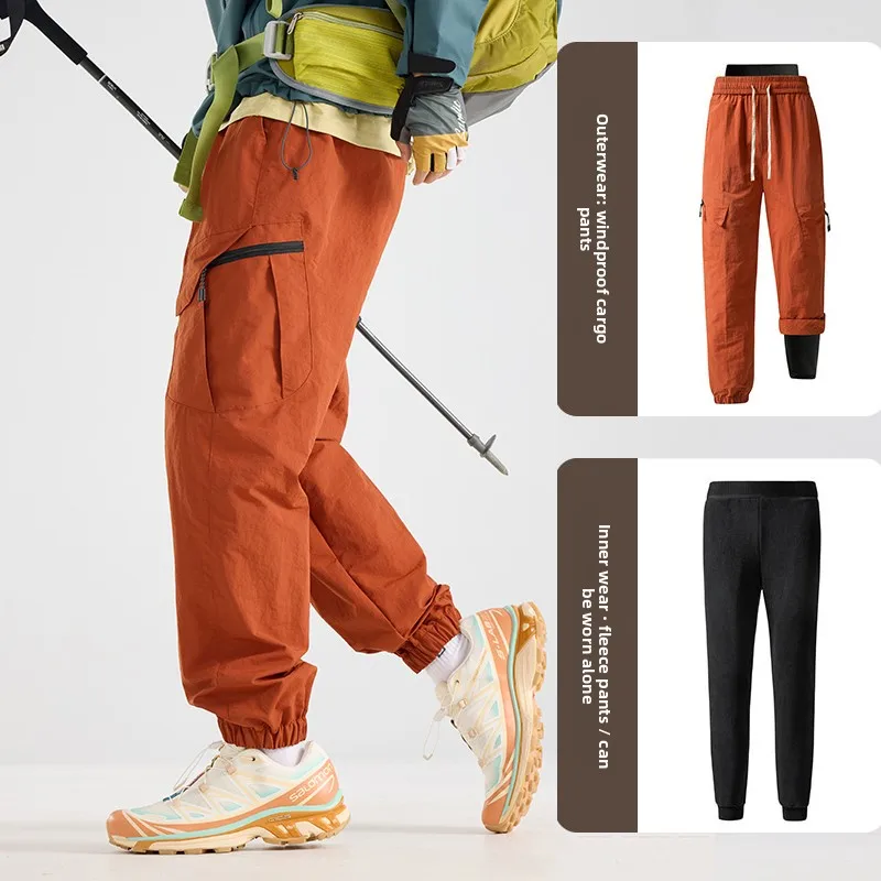 Men's 3-in-1 Lightweight Outdoor Hiking Pants Windproof Waterproof Fleece Lined Trousers Thick Warm Casual Pants for Trekking Ca