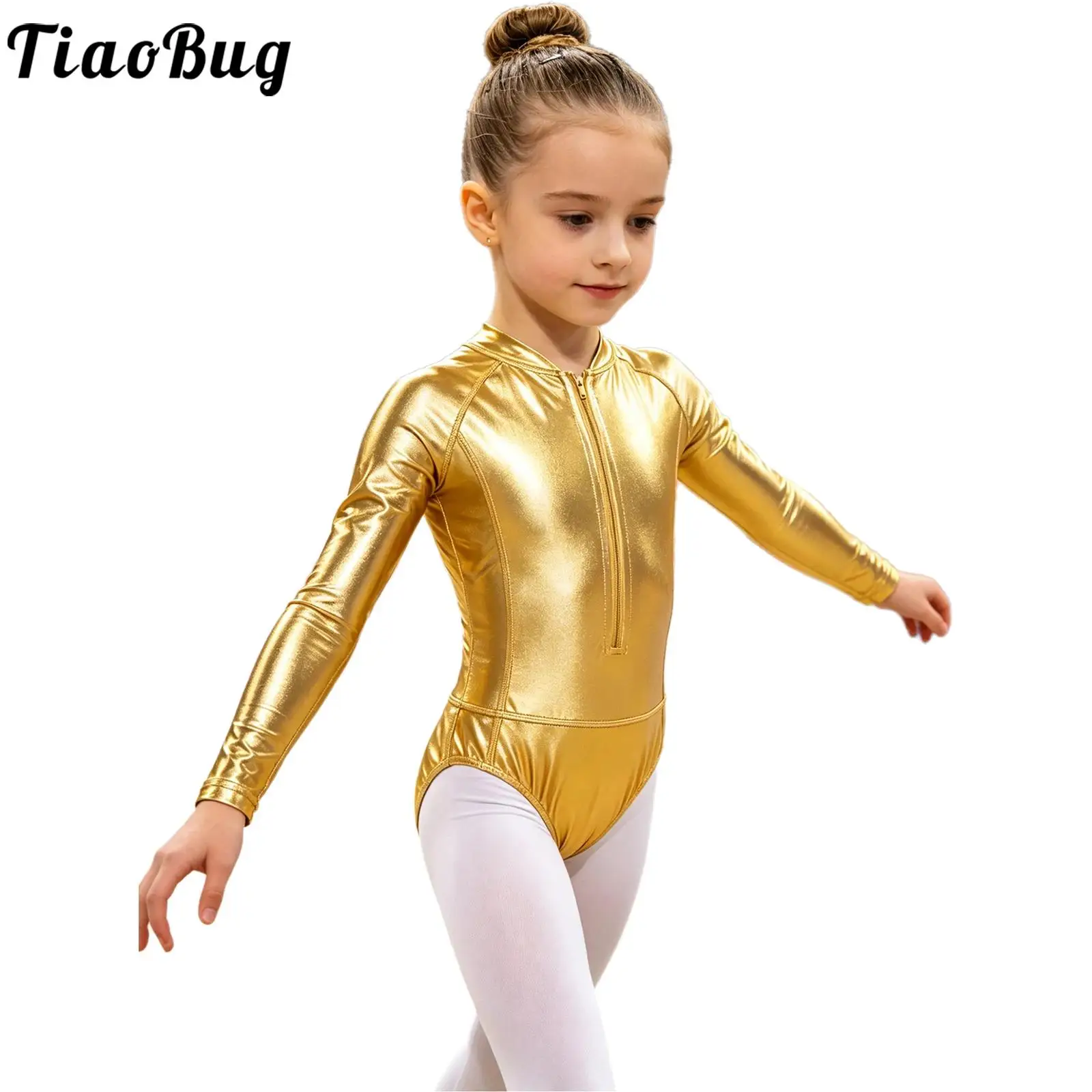 Children Girls Metallic Ballet Dance Gymnastics Leotard Long Sleeve Shiny Bodysuit Cosplay Theme Party Performance Costume