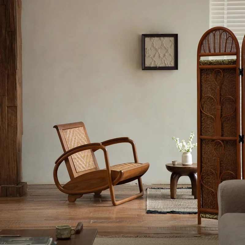 Wabi-sabi vintage retro style imported teak wood rattan backrest armrest single lounge sofa chair