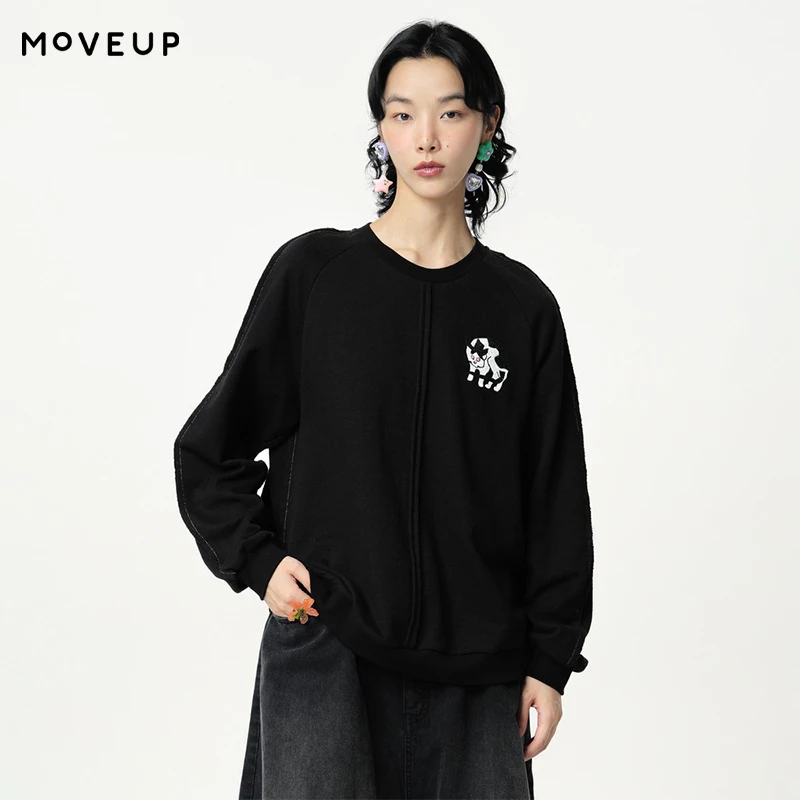 

MOVEUP Long Sleeved Round Neck T-Shirt 2026 Spring New Raglan Sleeve Fun Cat Embroidered Gathered Cuffs Top For Women 124110503