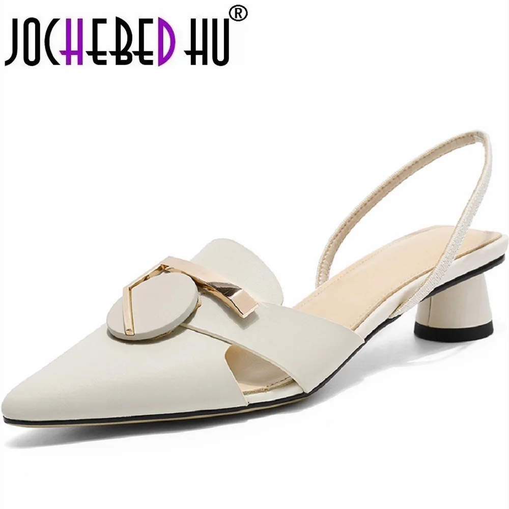 【JOCHEBED HU】Women\'s Genuine leather high quality base shoes point toe slipper and middle heel sandal Shoes 33-43