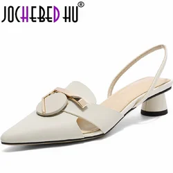 【JOCHEBED HU】Women's Genuine leather high quality base shoes point toe slipper and middle heel sandal Shoes 33-43