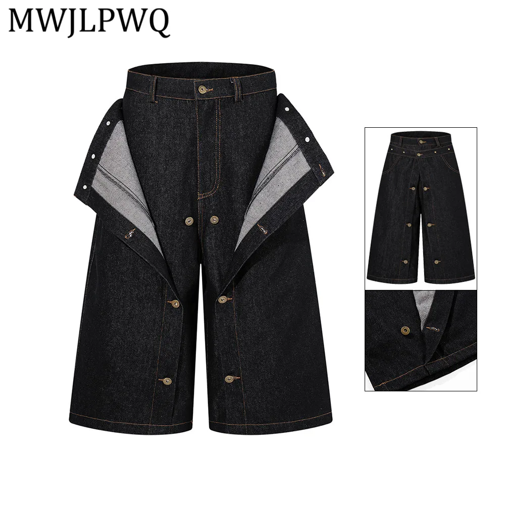 MWJLPWQ Loose Wide Leg Denim Shorts Double Side Open Button Placket Stitch High Waist Men Deconstructed Street Bottoms 16795