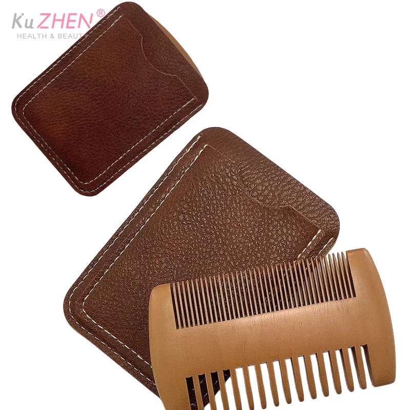 

Natural Wood Hair Brush Beard Comb With PU Leather Case Anti-Static Mustache Pocket Comb Brushing Hair Care Tools For Men Gift
