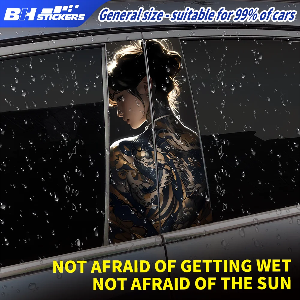 Japanese Tattoo Girl Car B-Pillar Stickers Cool Anime Woman Decals Waterproof Door Window Pillar Protection Film Vehicle Wrap view 4