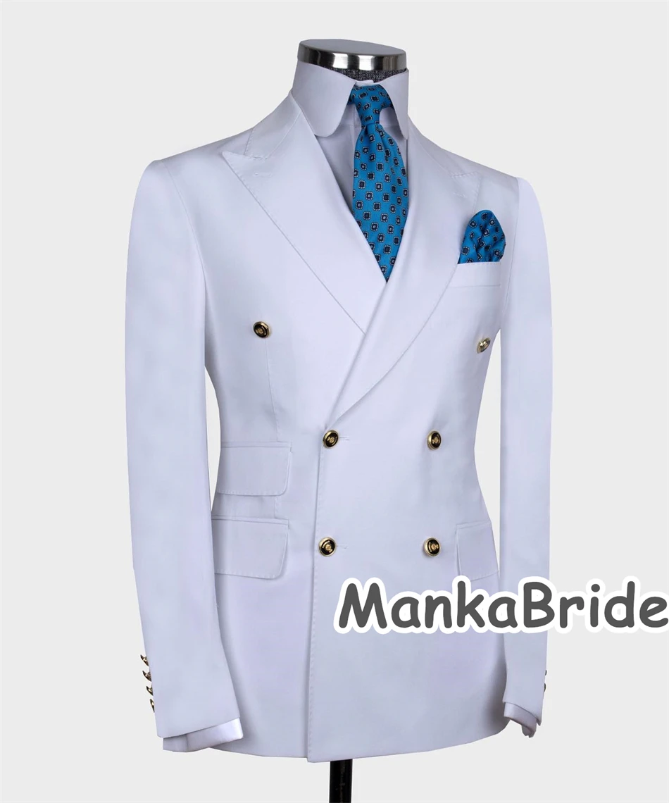 Classic Double Breasted Gold Button White Wedding Groom Tuxedo 2pcs Blazer Pants Blue Formal Party Dinner Full Men's Suits