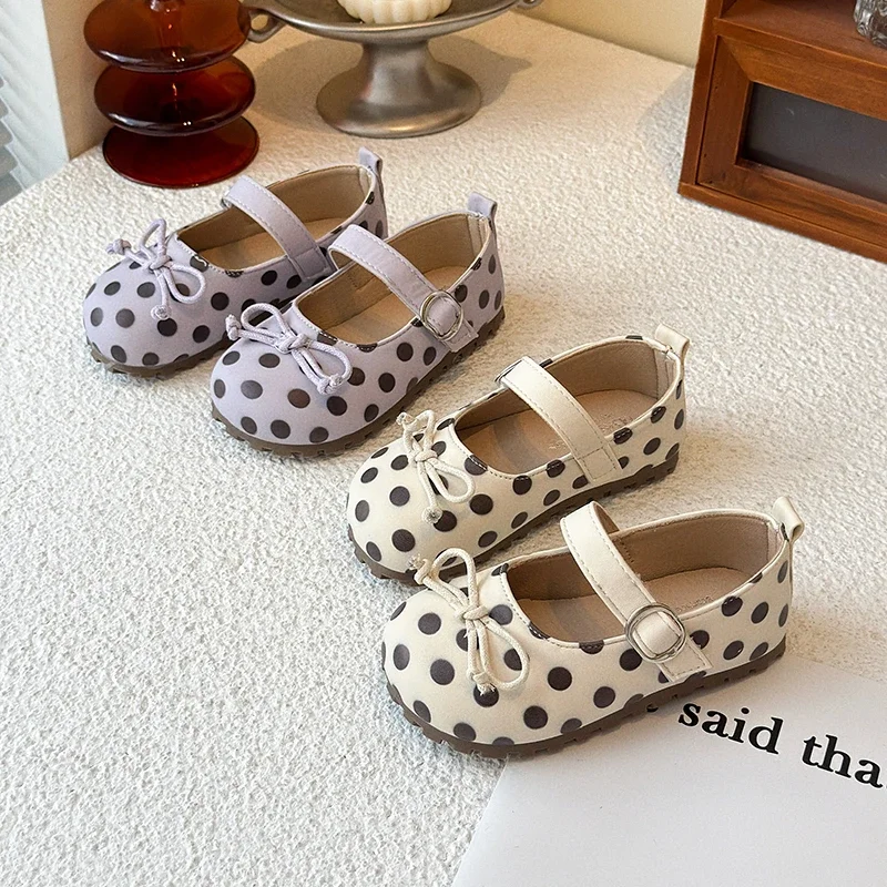 ใหม่เด็กแมรี่เจนรองเท้าฤดูใบไม้ผลิฤดูใบไม้ร่วงรองเท้าหนังแฟชั่นลายจุดพิมพ์กันลื่นเด็กเจ้าหญิงรองเท้าสบายๆ