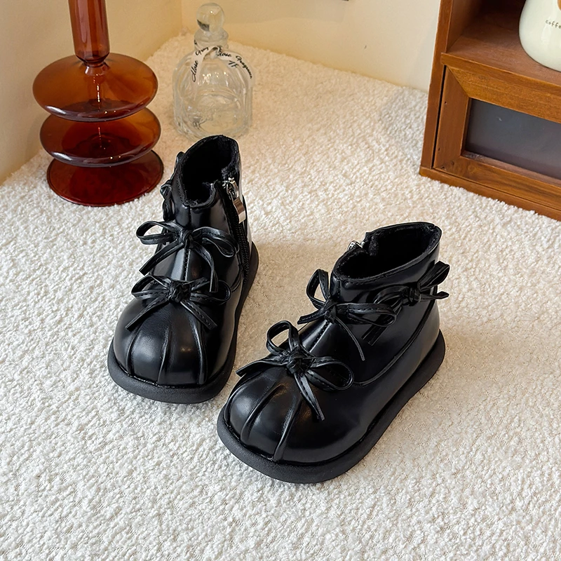 لطيف الفتيات حذاء من الجلد مع أقواس بسيطة الاطفال الأميرة الأحذية بلون 2025 شتاء جديد الأطفال الأحذية الجلدية مع سحاب جانبي #4