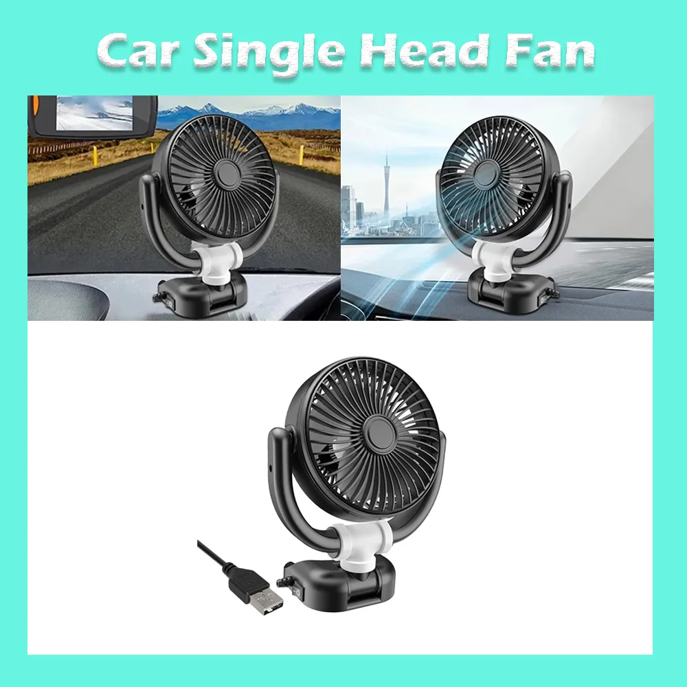 1PC Black Single-Head Car Fan 3-Way Folding Design 270° Up/Down Fold 360° Rotation USB Powered Adhesive Mount For Car