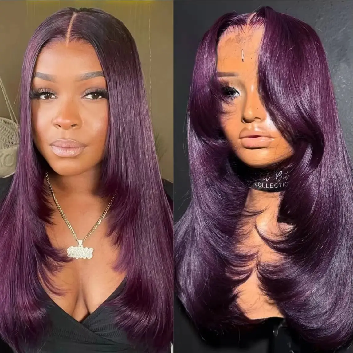 

Dark Purple Straight Lace Front Wig 13X4 HD Layered Front Wigs Purple Layered Cut Lace Wig Glueless High Quality Ready To Wear