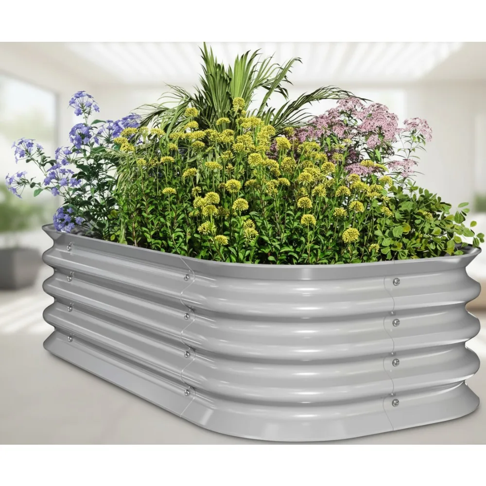 

Galvanized Raised Garden Bed Kit 4x2ft Oval Metal Planter Box Anti-Rust Coating Outdoor Gardening Vegetables Water Trough