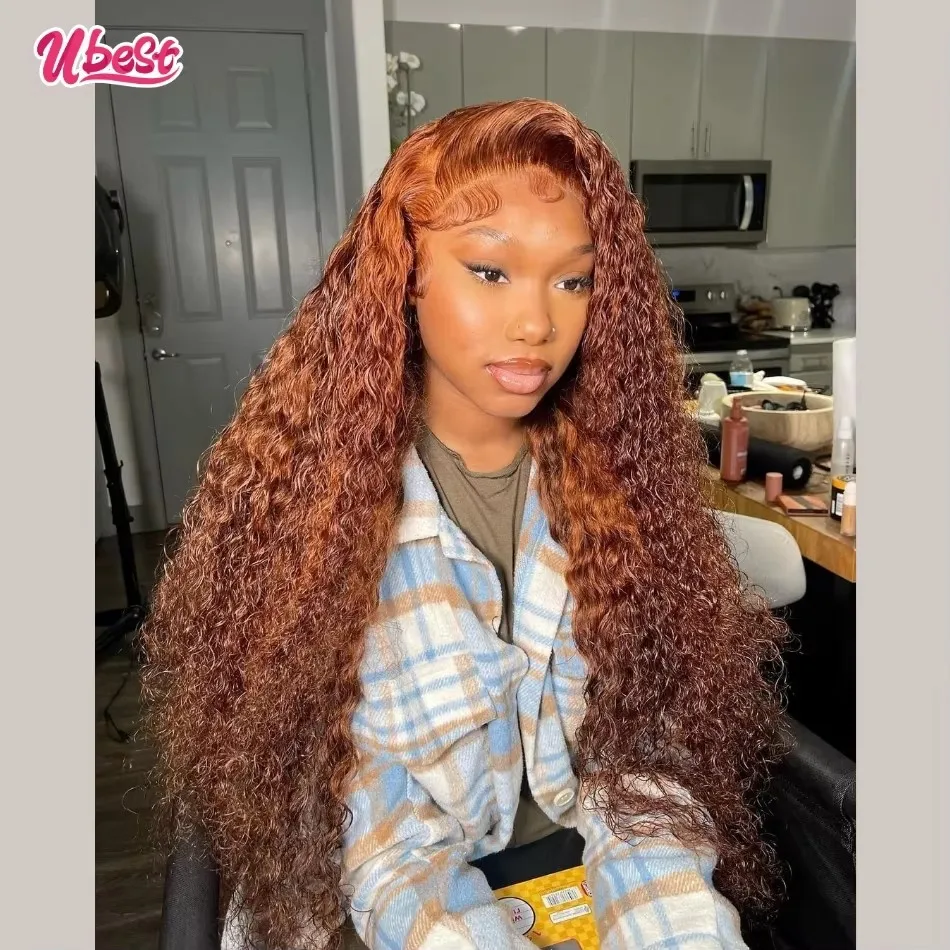 

Ubest 13X6 Transparent Lace Front Wigs Curly Water Wave 100％ Human Hair Ginger Brown Colored 5X5 Lace Wig Pre Plucked For Women