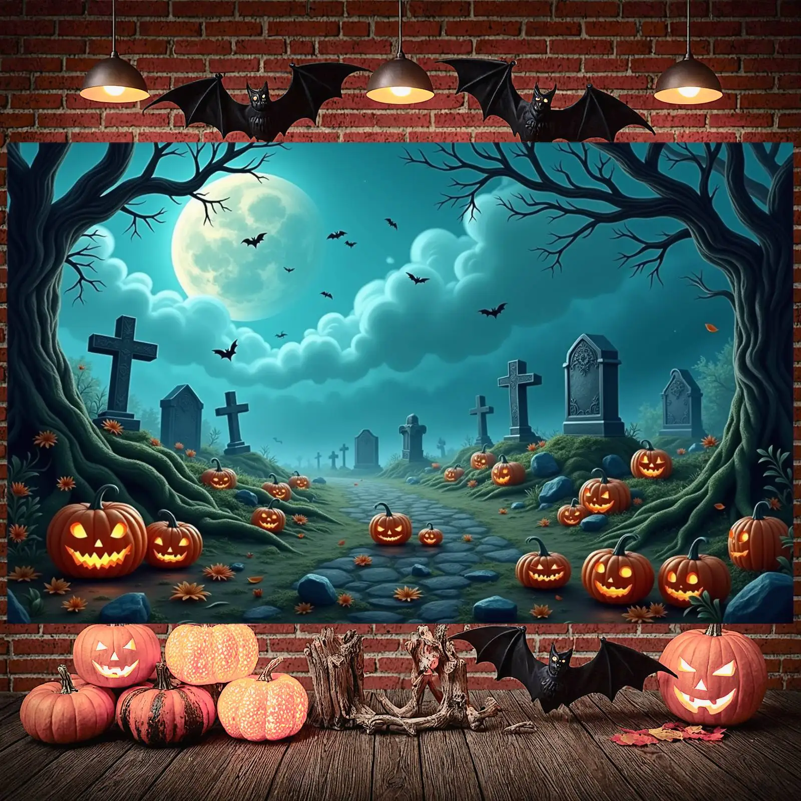 Graveyard Banner Night Scene Pumpkin Decoration Haunted Scene Tree Halloween Decor For Themed Party Evening Gathering Halloween