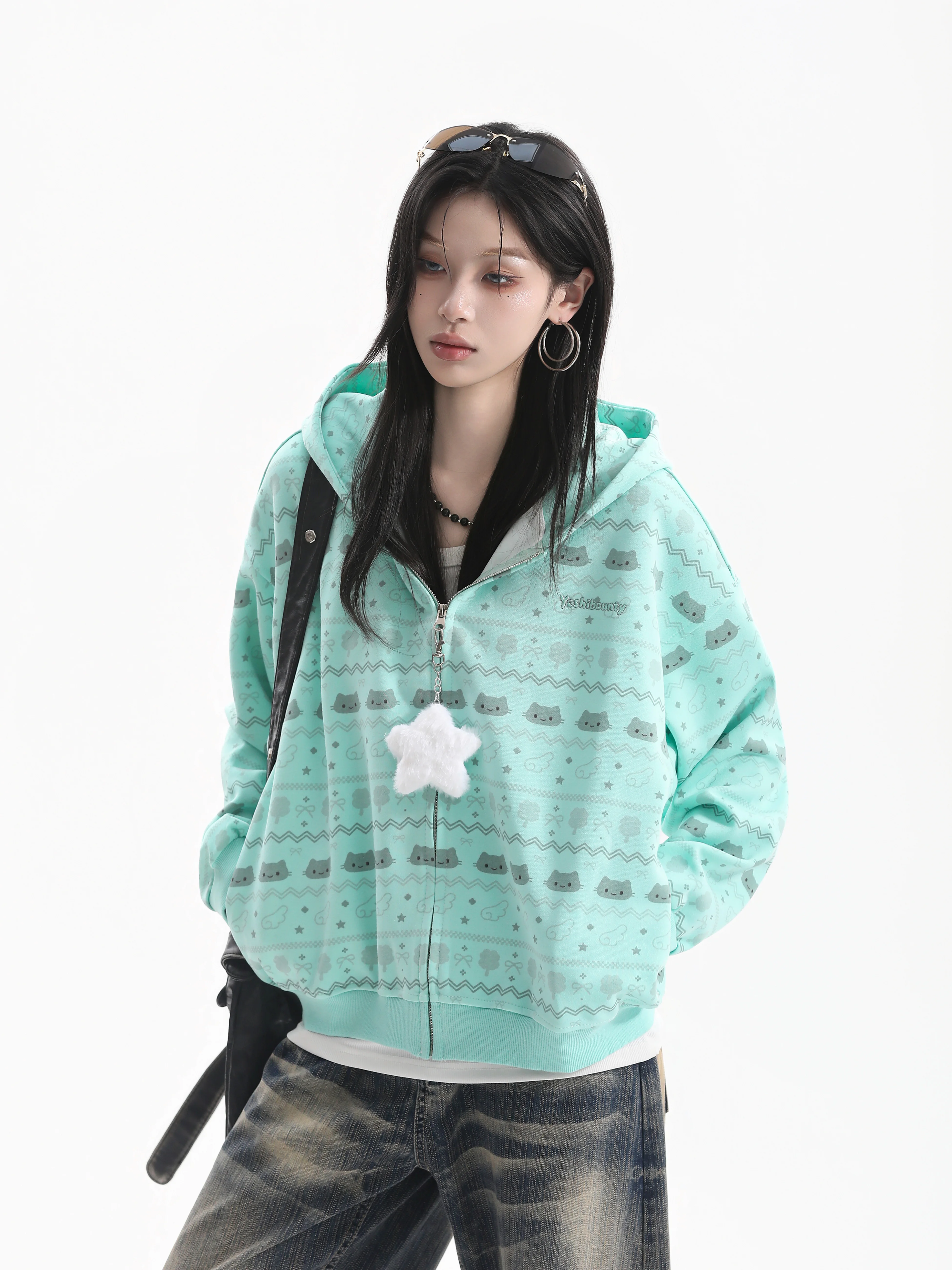 Korean Style Cute Sweet  Print Hoodie Jacket with Star Pendant Casual Loose Fit Long Sleeve Youth Coat for Daily Wear