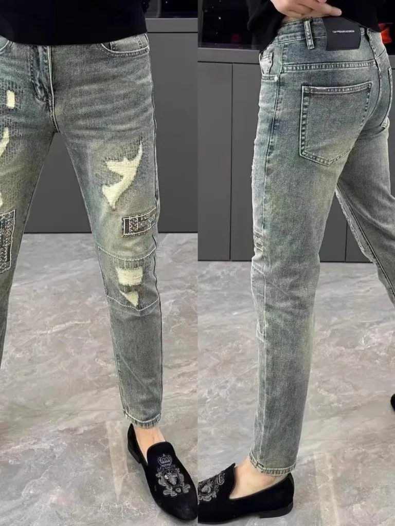 

Мужские джинсы Slim Fit, модные роскошные эластичные длинные брюки с высокой талией, хлопковые эластичные джинсовые повседневные летние прямые брюки