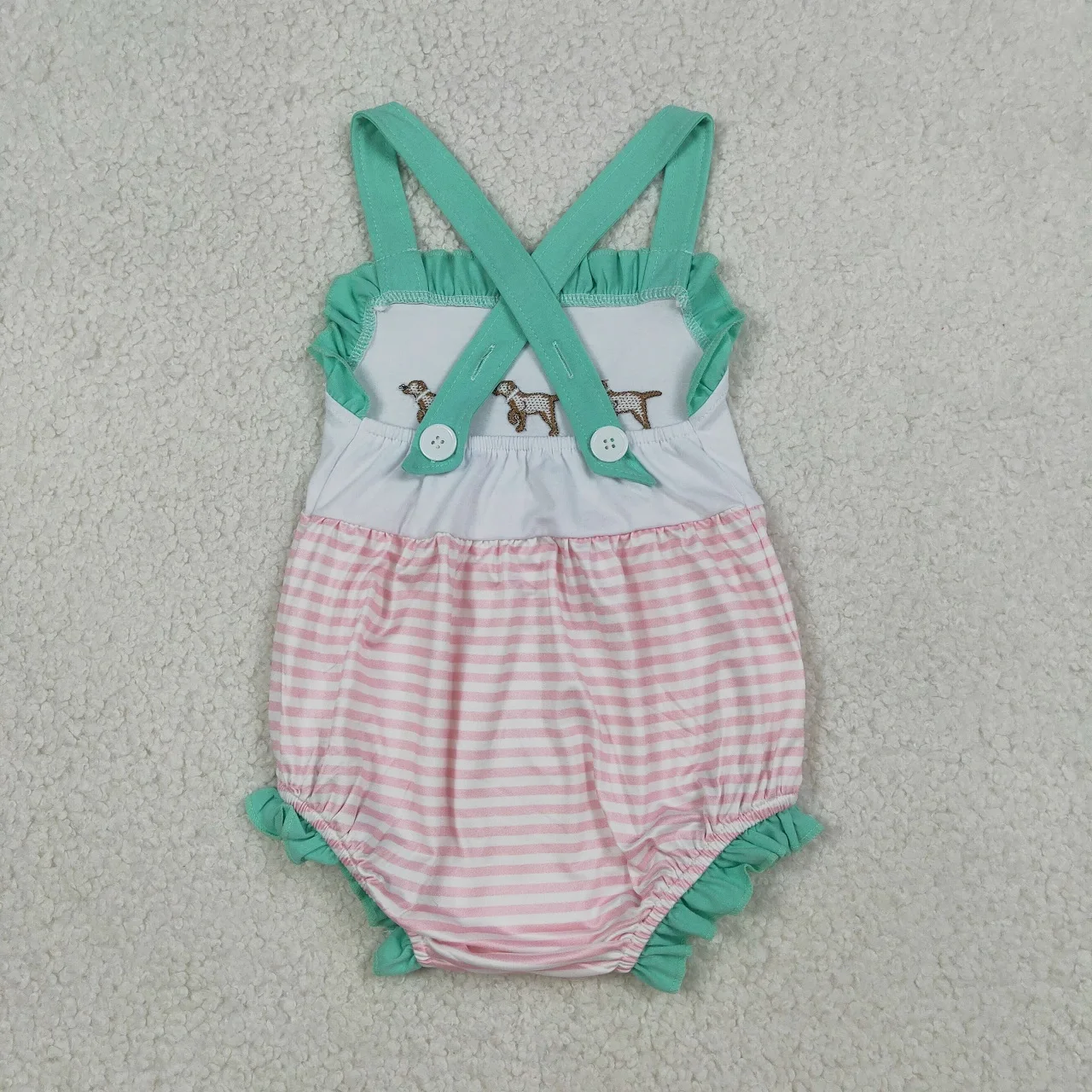 Wholesale Newborn Embroidery Dogs Bubble Romper Toddler Kids Stripes Summer Clothes Baby Girl Children Straps Ruffle Clothing