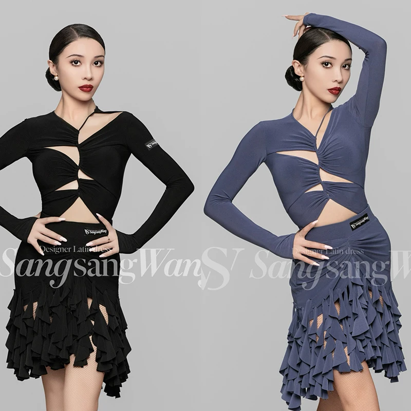 Irregular Cutout Drawstring Tops Women Latin Dance Clothes Fringe Skirt Long Sleeves Practice Wear Competition Dress DNV19958