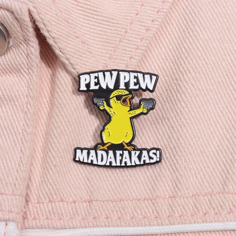 Yellow Duck Pew Pew Madafakas Enamel Pins Cool Duckling with Gun Brooches Creative Cartoon Lapel Badge Backpack Accessory Gift