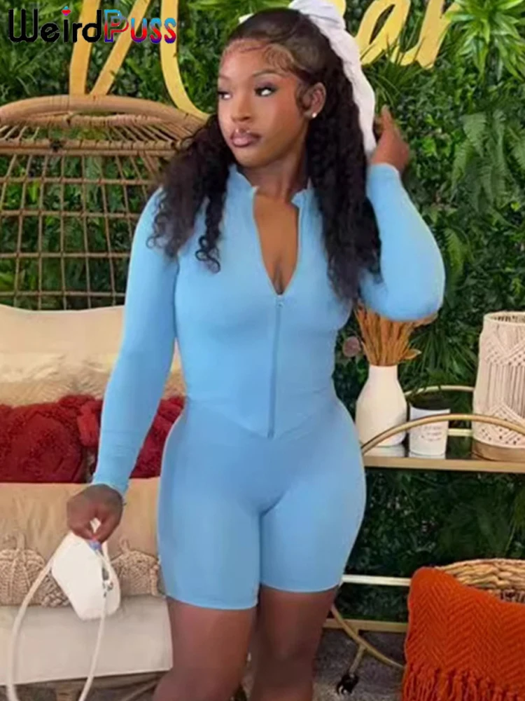 

Weird Puss Casual Sporty 2 Piece Set Women Zipper Turtleneck Long Sleeve Jacket+Solid Skinny Workout Shorts Trend Stretch Suit