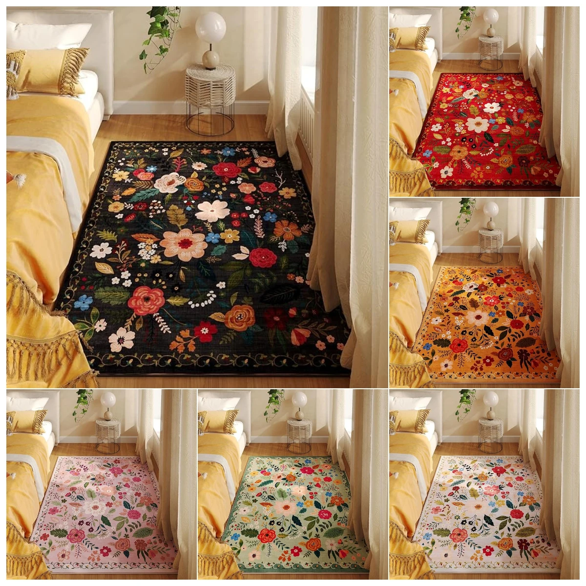 Black Boho Floral Large Carpet for Bedroom Bedside Floor Mat Kid's Room Decorative Rug Kitchen Entryway Office College Dorm Mat