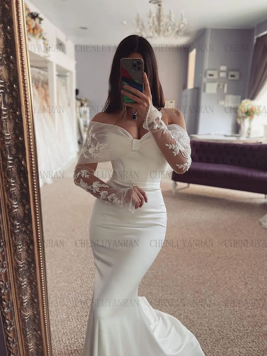 فساتين زفاف أنيقة عاجية على شكل حرف v عاري الكتفين فساتين عروس طويلة بأكمام طويلة فساتين حورية البحر للنساء 2025 رداء De Mariée #3