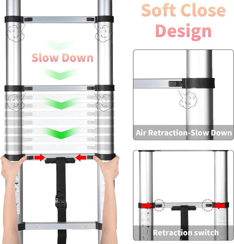 Telescopische Ladder,15.5 Voet Aluminium Telescopische Verlengladder, Zacht Dicht Ontwerp Multifunctionele Uitschuifbare Ladder