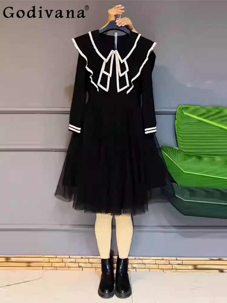 

Новое платье большого размера для девушек, с французскими оборками, из черной газовой ткани, с длинными рукавами, модное, универсальное, с завышенной талией, А-силуэт, повседневное, простое.