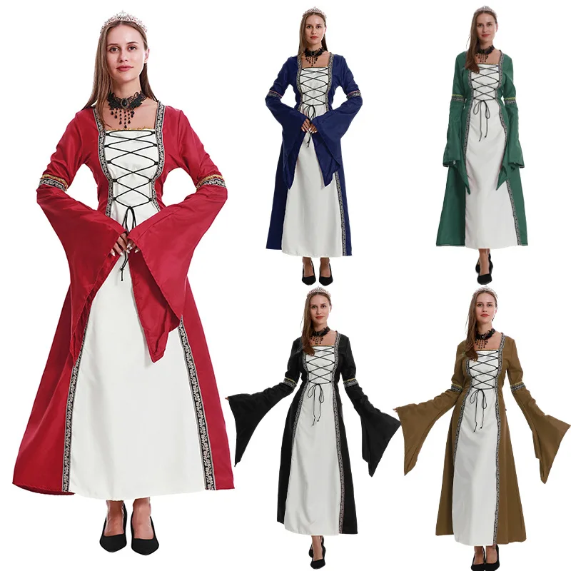 

Medieval Dress Women Costume Square Collar Flared Sleeves Lace-up Long Renaissance Costume Gothic Vintage