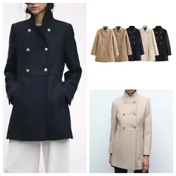 European and American style autumn and winter new temperament commuter blended stand collar double-breasted versatile coat jacke